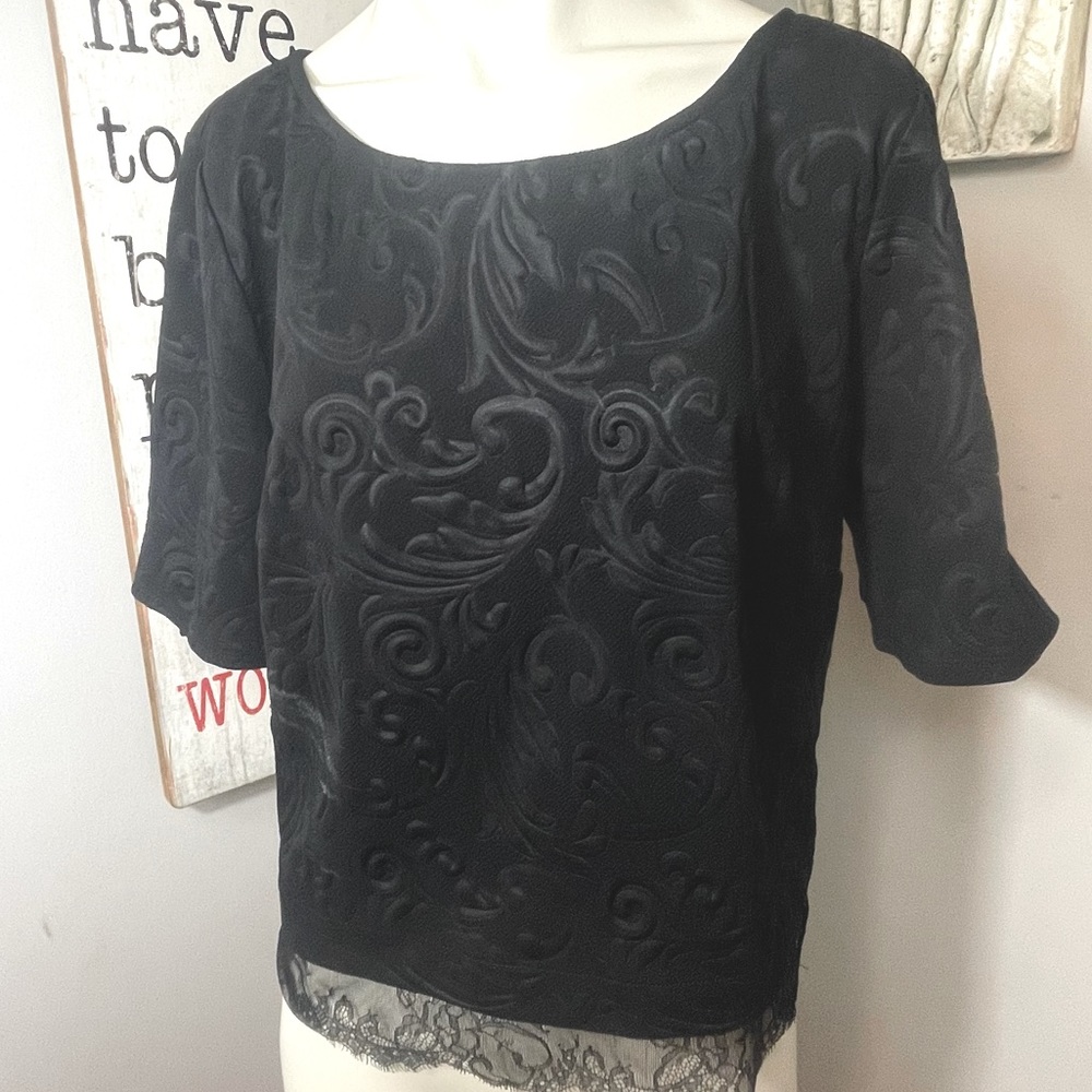 Robert Rodriguez black damask lace trim top